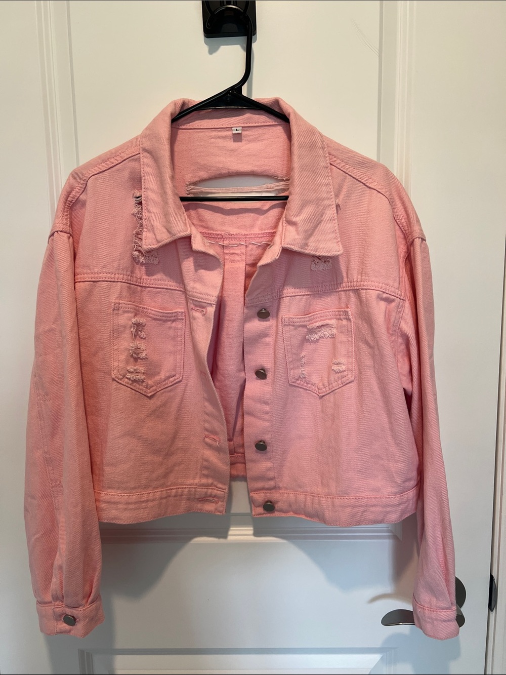 Cropped Pink Distressed Denim Jacket - Women